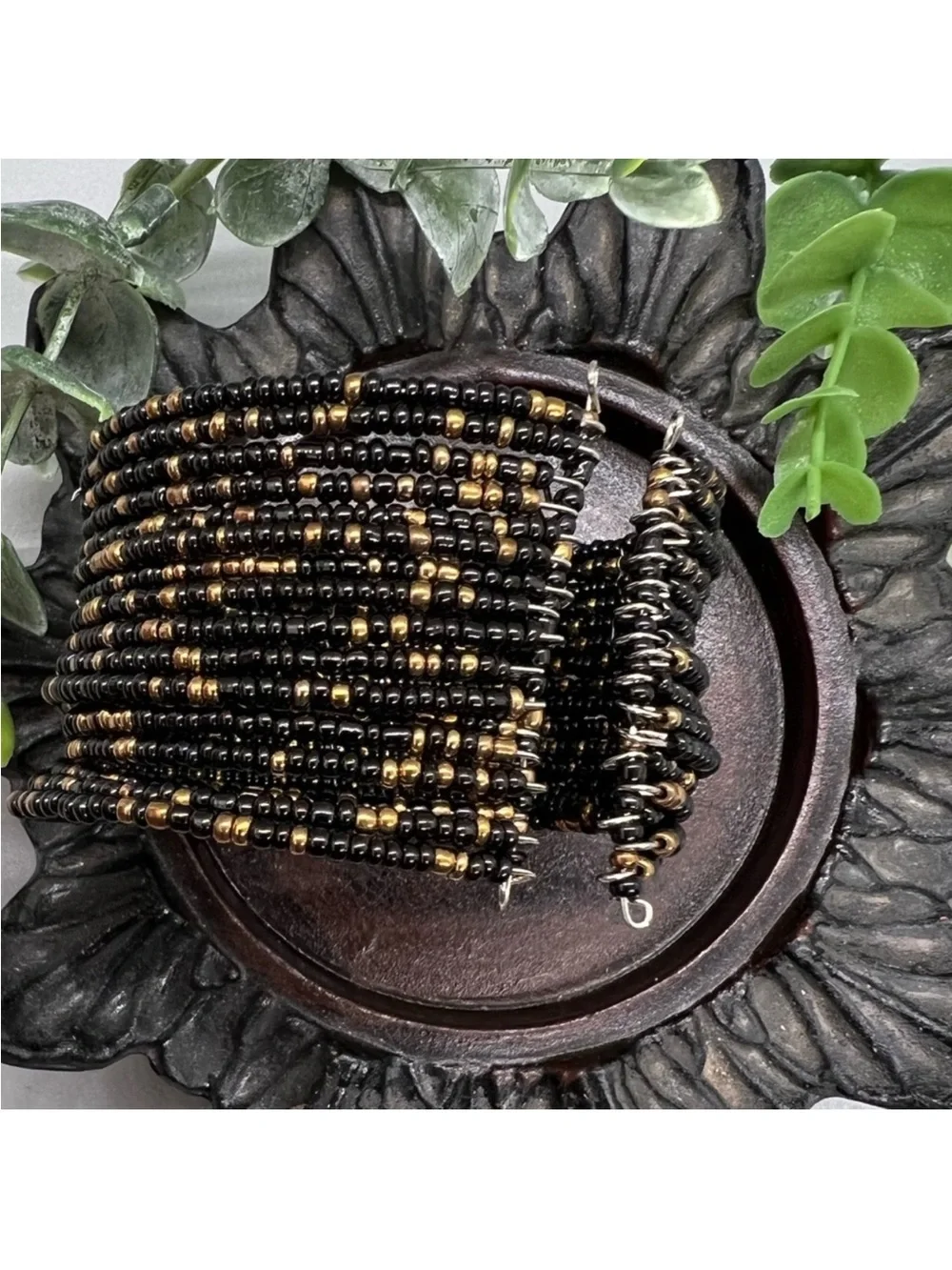 Black and Gold Beaded Stretch Cuff Bracelet -FINAL PRICE DROP
